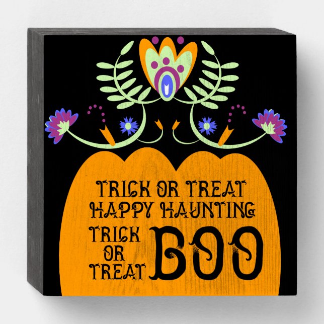 Halloween Fiesta Floral Pumpkin Flowers Wooden Box Sign (Front Horizontal)