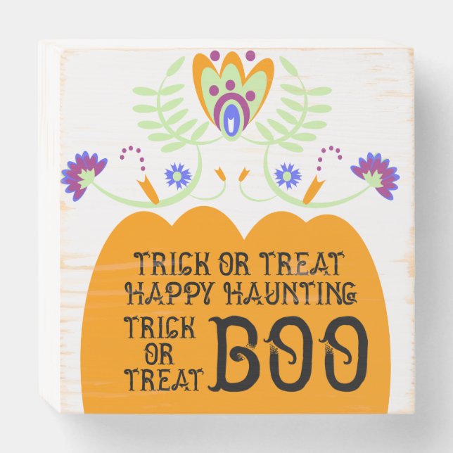 Halloween Fiesta Floral Pumpkin Flowers Wooden Box Sign (Front Horizontal)