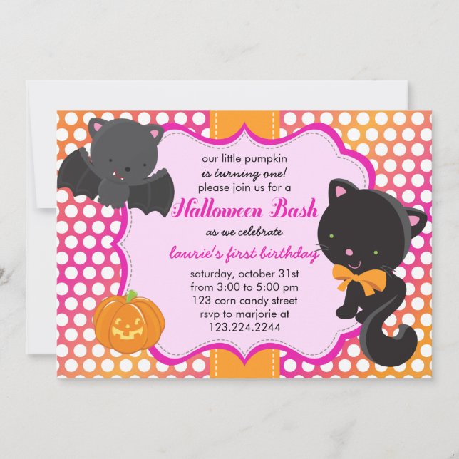 Halloween First Birthday Little Bat, Cat & Pumpkin Invitation (Front)