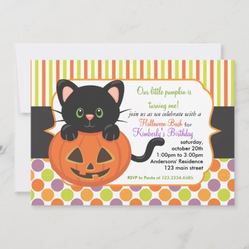 Halloween First Birthday Party Cute Pumpkin Cat Invitation