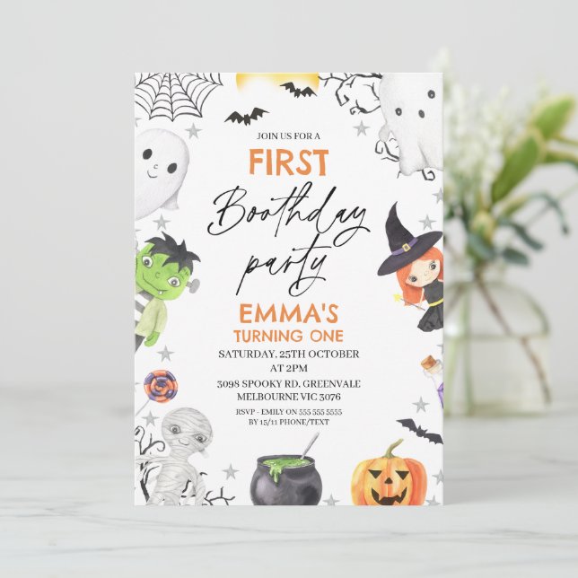 Halloween First Boothday Party 1st Birthday  Invitation (Standing Front)