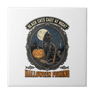 Halloween Fishing Cat Vintage Pumpkin Design_1 Ceramic Tile