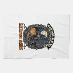 Halloween Fishing Cat Vintage Pumpkin Design_1 Kitchen Towel
