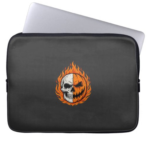Halloween Flaming Skull Pumpkin Split Face Design Laptop Sleeve