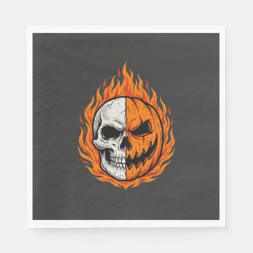 Halloween Flaming Skull Pumpkin Split Face Design Napkins