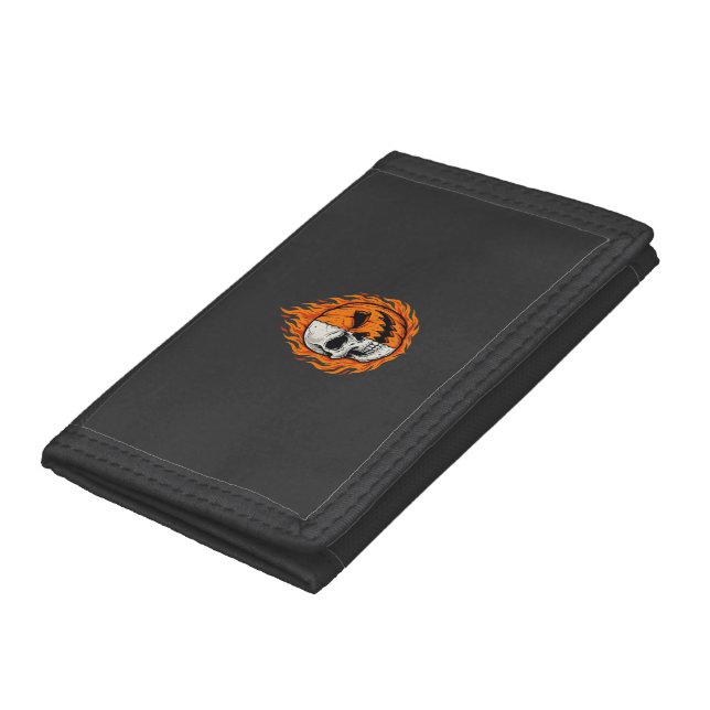 Halloween Flaming Skull Pumpkin Split Face Design Trifold Wallet (Bottom)