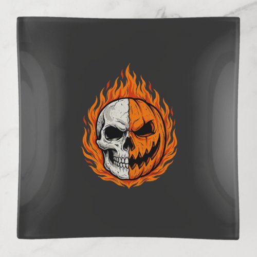 Halloween Flaming Skull Pumpkin Split Face Design Trinket Tray