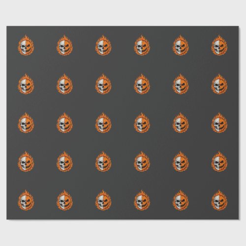 Halloween Flaming Skull Pumpkin Split Face Design Wrapping Paper