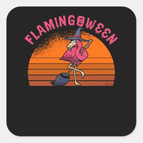 Halloween Flamingo Flamingoween Witch Broom Retro Square Sticker