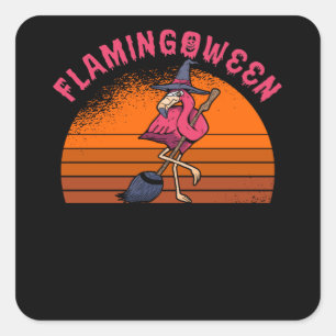 Halloween Flamingo Flamingoween Witch Broom Retro Square Sticker