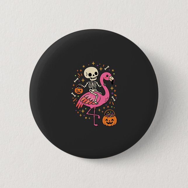 Halloween Flamingo Skeleton Candy Bucket Vector De Button (Front)