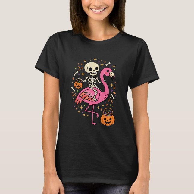 Halloween Flamingo Skeleton Candy Bucket Vector De T-Shirt (Front)