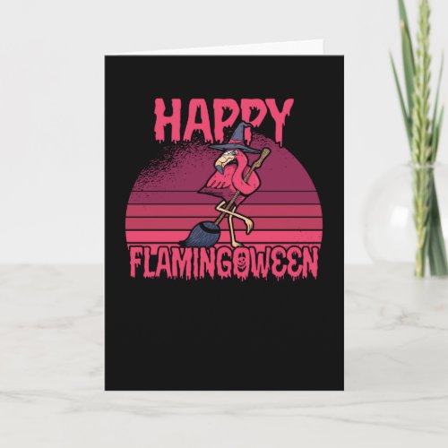 Halloween Flamingoween Flamingo Witch Broom Retro Card