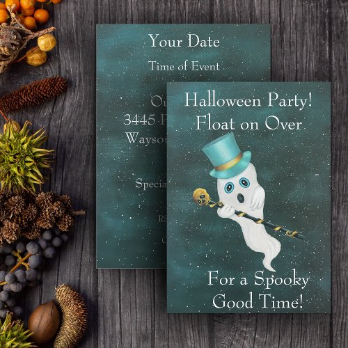 Halloween Floating Ghost Top Hat Skull Cane Sky Invitation