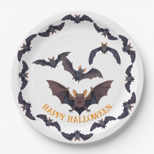Halloween Flock Of Spooky Bats Paper Plates (Front)