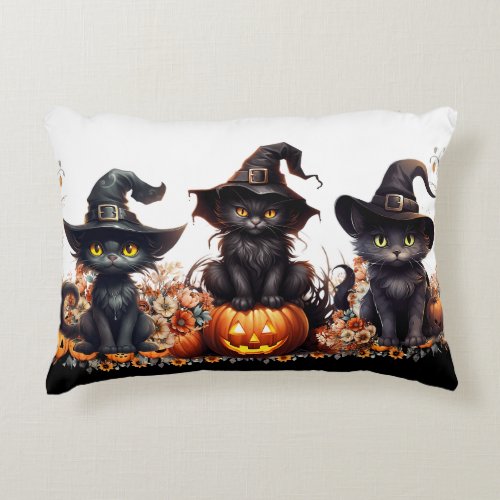 Halloween Floral Black Cats Cute Witch Kitten Fall Accent Pillow
