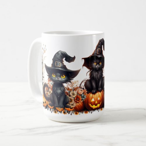 Halloween Floral Black Cats Cute Witch Kitten Fall Coffee Mug