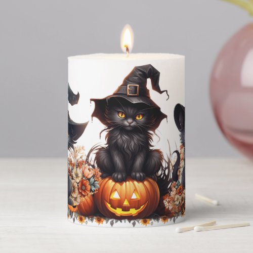 Halloween Floral Black Cats Cute Witch Kitten Fall Pillar Candle