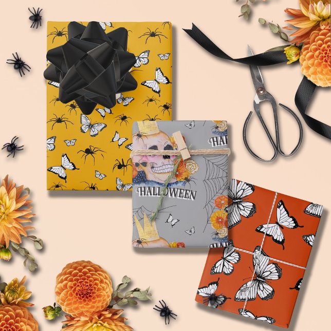 Halloween Floral Butterflies Skull Spider Webs Wrapping Paper Sheets (Creator Uploaded)