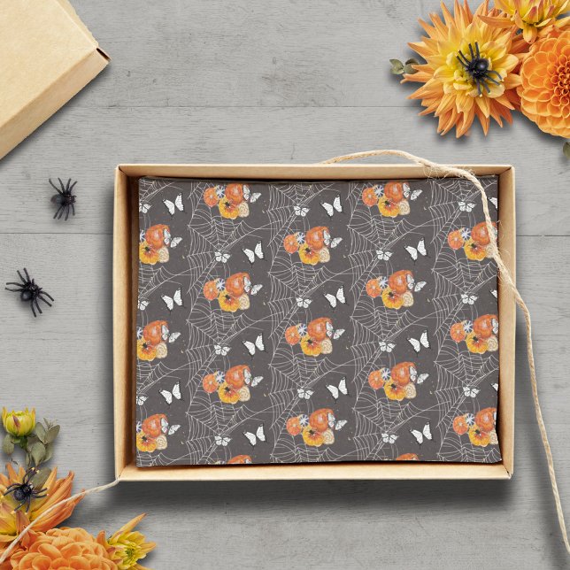 Halloween Floral Butterfly Spider Web Gray Orange Tissue Paper (Cottagecore Victorian Halloween handpainted fall florals with spiders and butterflies original art)