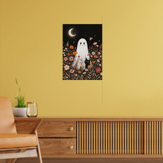 Halloween Floral Ghost Black Cat Cottagecore Poster
