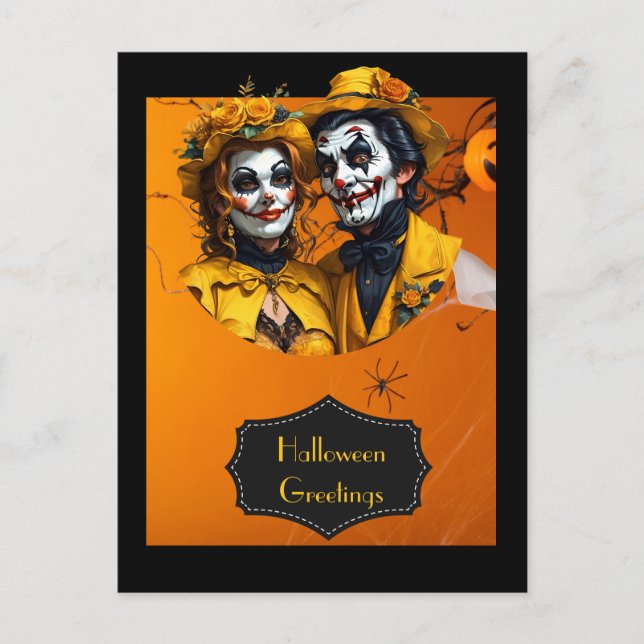 Halloween floral hat and make-up caricature couple postcard (Front)
