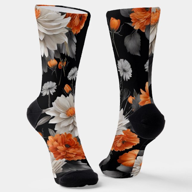 Halloween Floral Orange Black Novelty Socks (Angled)