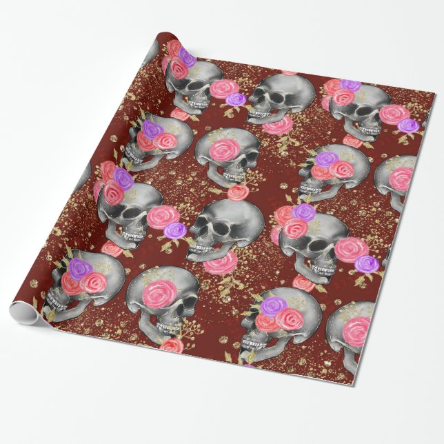 Halloween Floral Roses Scary Creepy Skull Glitter Wrapping Paper (Unrolled)