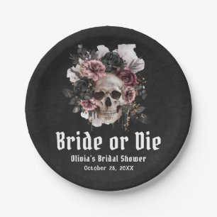 Halloween Floral Skull Bride or Die Bridal Shower Paper Plates