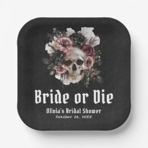 Halloween Floral Skull Bride or Die Bridal Shower Paper Plates