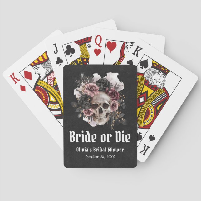 Halloween Floral Skull Bride or Die Bridal Shower Poker Cards (Back)