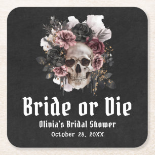 Halloween Floral Skull Bride or Die Bridal Shower Square Paper Coaster
