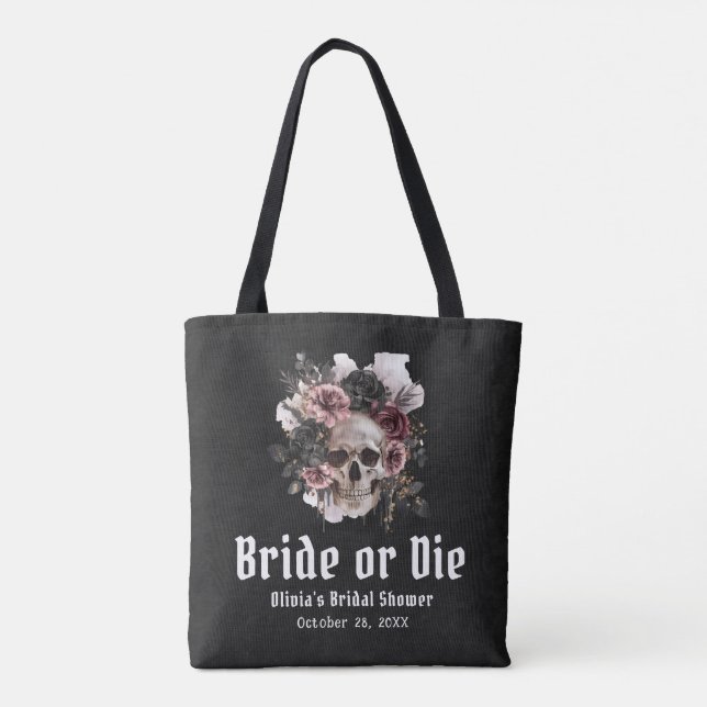 Halloween Floral Skull Bride or Die Bridal Shower Tote Bag (Back)