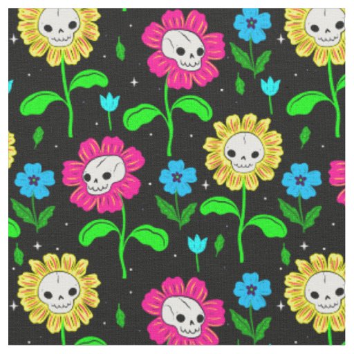 halloween floral skull flowers black  fabric
