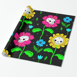halloween floral skull flowers black  wrapping paper