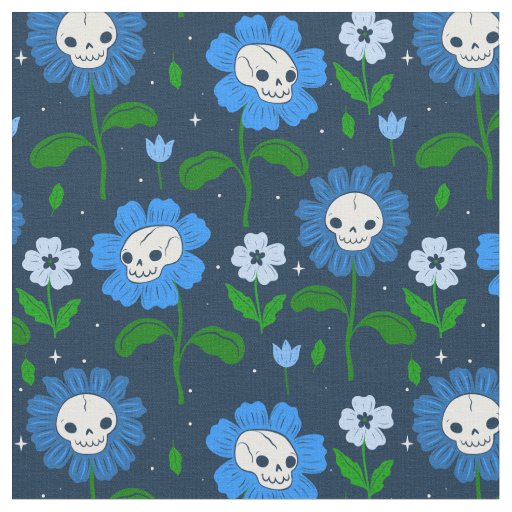halloween floral skull flowers blue  fabric