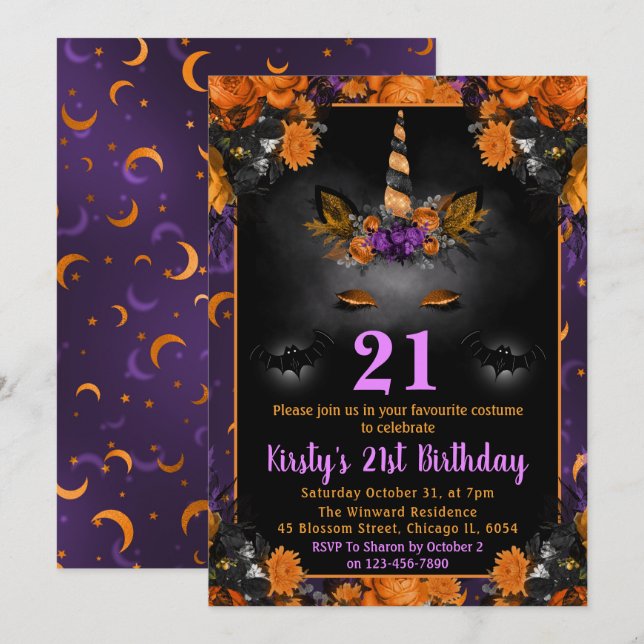 Halloween Floral Unicorn Face 21st Birthday Invitation (Front/Back)