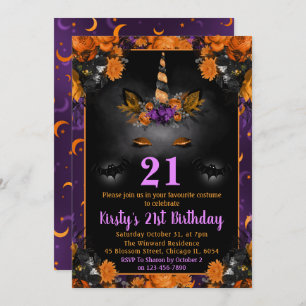 Halloween Floral Unicorn Face 21st Birthday Invitation