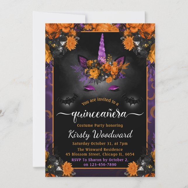 Halloween Floral Unicorn Face Fall Quinceanera Invitation (Front)