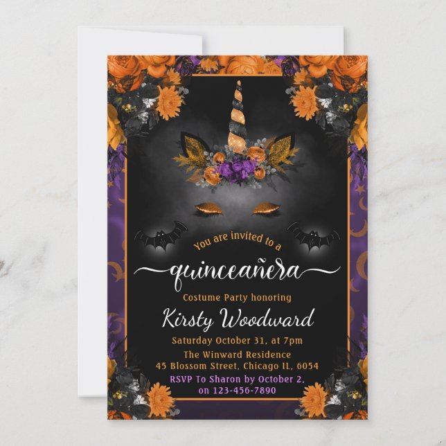 Halloween Floral Unicorn Face Fall Quinceanera Invitation (Front)