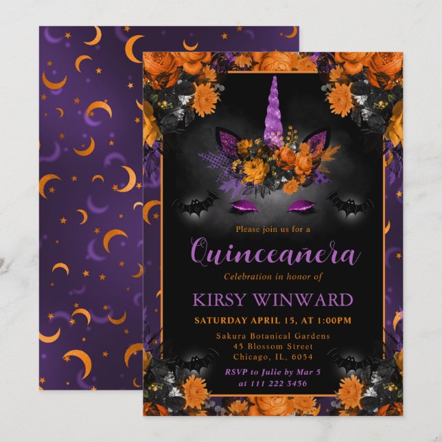 Halloween Floral Unicorn Face Quinceanera Invitation (Front/Back)