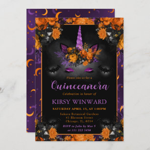 Halloween Floral Unicorn Face Quinceanera Invitation