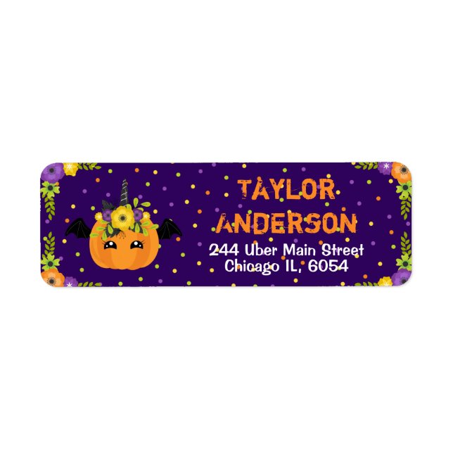 Halloween Floral Unicorn Pumpkin Purple and Orange Label (Front)