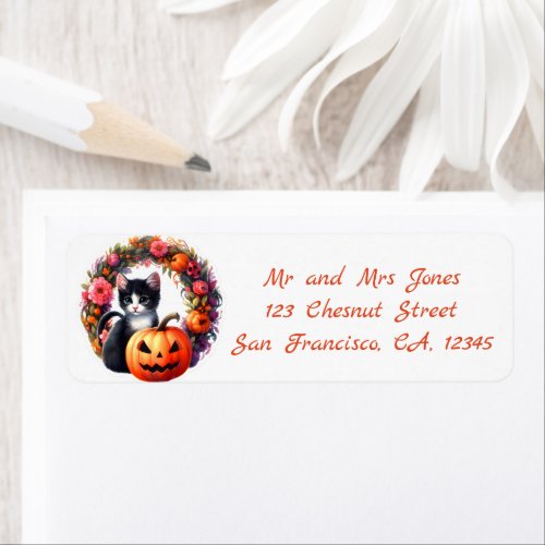 Halloween Floral Wreath The kitten  Return Address Label