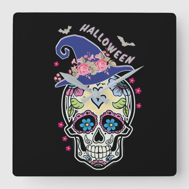 Halloween Flower Skull Square Wall Clock (Front)