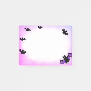 Halloween flying bats on purple & white post-it notes