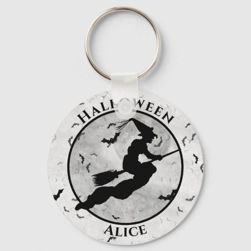 Halloween Flying Black Witch Silhouette Gray Keychain