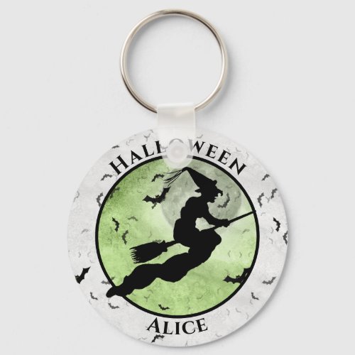 Halloween Flying Black Witch Silhouette Green Keychain
