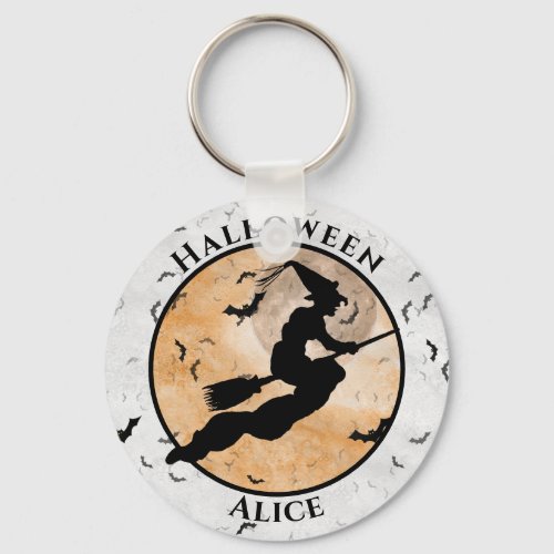 Halloween Flying Black Witch Silhouette Orange Keychain