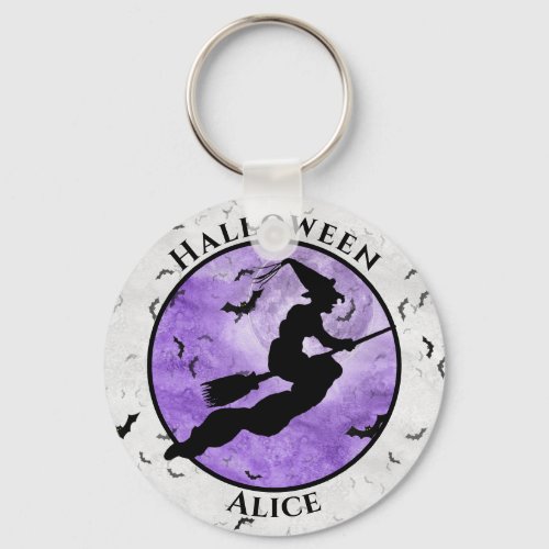 Halloween Flying Black Witch Silhouette Purple Keychain